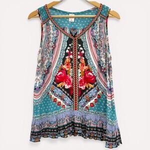 Bila Boho Floral Tunic Tank Medium Sleeveless Embroidered Festival Hippie Top